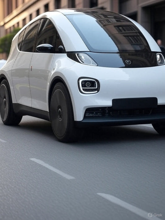 Futuristic white AI-powered electric car driving on city street
