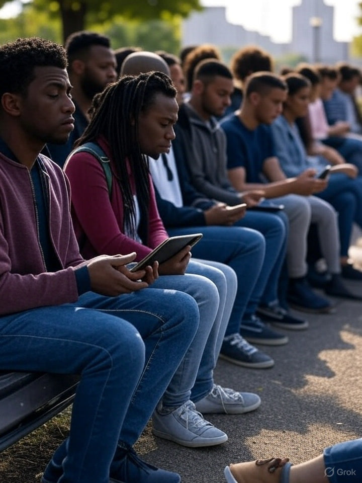 Суретте ашық ауада орындықта отырған жас ересектер тобы көрсетілген, олардың әрқайсысы смартфон немесе планшет сияқты сандық құрылғыға бағытталған. Олар оқуға немесе мазмұнмен өзара әрекеттесуге қатты кірісіп кеткен сияқты.