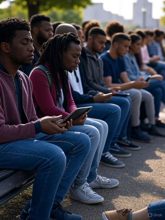 The image shows a group of young adults sitting on a bench outdoors, each focused on a digital device such as a smartphone or tablet. They appear to be deeply engaged, possibly reading or interacting with content.
