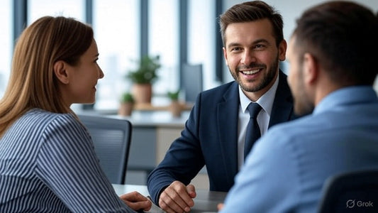 The image shows three professionals engaged in a business meeting. A man in a dark suit is smiling and speaking with two colleagues, a woman and another man, across a conference table in a modern office setting.
