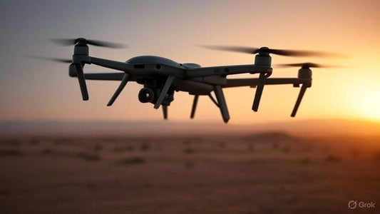 AI-powered drone flying at sunset over a desert landscape