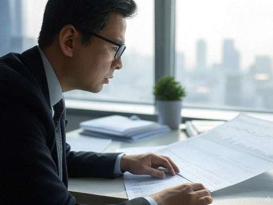 A businessman analyzing financial charts in a modern office setting.