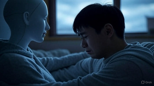 The image shows a young man in emotional distress, crying while being comforted by a humanoid robot. The scene is dimly lit with a blue hue, suggesting a somber or reflective mood.