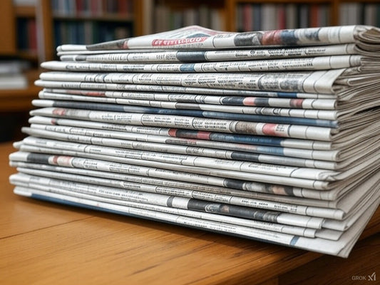 Stack of newspapers on desk for AI news wrap-up, 25th February 2025