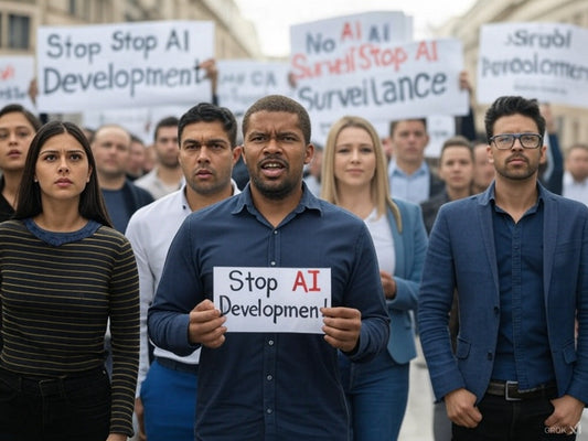 Protesters holding signs demanding to stop AI development and surveillance.