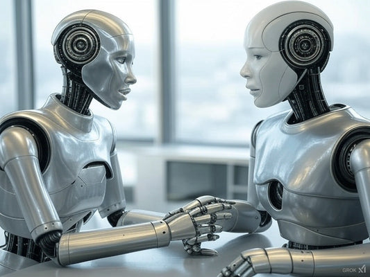 Two humanoid AI robots in conversation at a futuristic office table.