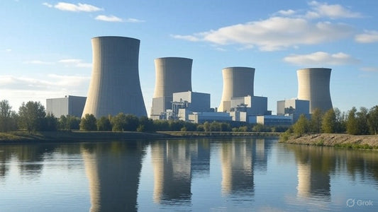 The image shows a nuclear power plant with four large cooling towers emitting no visible steam, situated near a calm body of water. The plant is surrounded by trees and under a clear blue sky, reflecting a peaceful and controlled industrial environment.