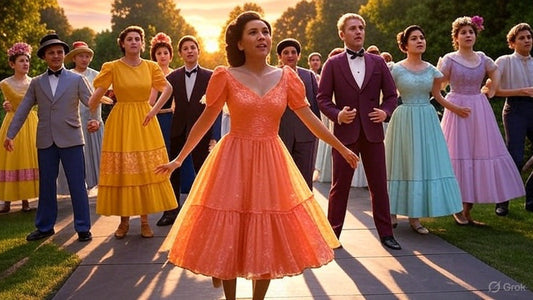 Colorful outdoor musical scene with dancers in vintage 1950s-style costumes.