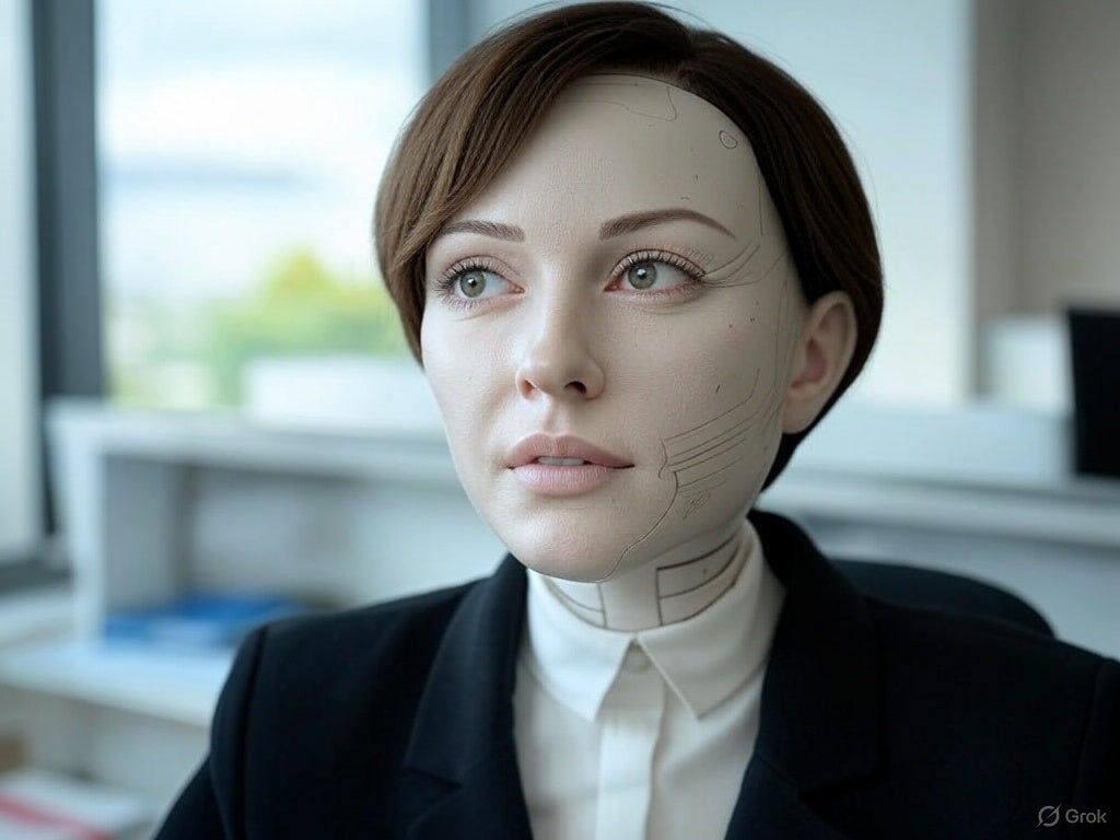 Realistic humanoid robot with lifelike features in office setting