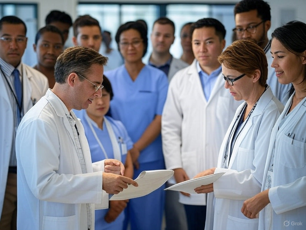 Суретте ауруханада немесе клиникалық жағдайда жиналған медициналық мамандар тобы көрсетілген. Олардың көпшілігі ақ зертханалық халат киген, бұл олардың дәрігерлер немесе медицина қызметкерлері болуы мүмкін екенін көрсетеді.