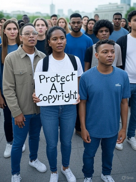 The image shows a diverse group of young people standing together in solidarity. One person at the front holds a sign that reads 'Protect AI Copyright' indicating a protest or demonstration advocating for intellectual property rights related to AI