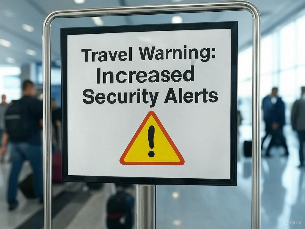 Travel warning sign at airport: Increased security alerts warning.