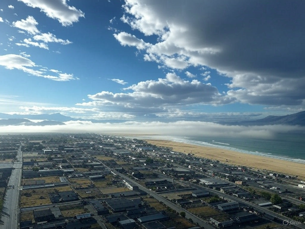 Суретте жағажай мен мұхитпен шектесетін үйлер мен көшелердің тор тәрізді орналасуы бар жағалаудағы қала көрсетілген. Теңізден тұман немесе аласа бұлт қабаты ағып жатыр, бұл ашық көк аспанмен және жоғарыдағы шашыраңқы бұлттармен керемет контраст жасайды.