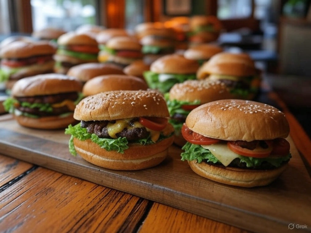 Assorted gourmet cheeseburgers with fresh lettuce and tomatoes on wooden board.