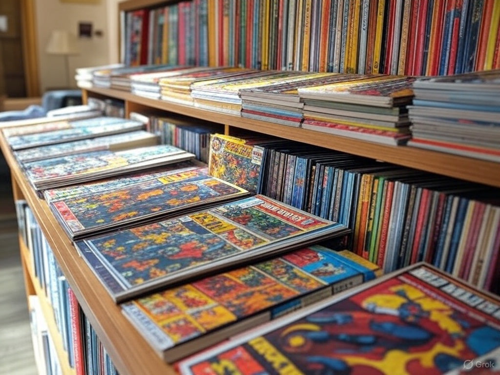 Ағаш сөрелерде жарқын коллекцияда ұқыпты көрсетілген түрлі-түсті комикстер.