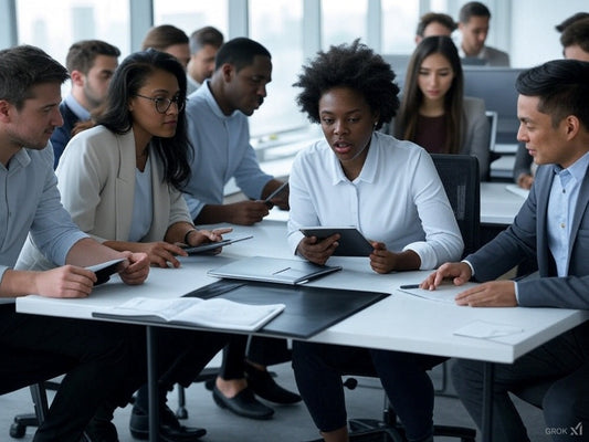 Diverse team using AI productivity tools in modern office setting.