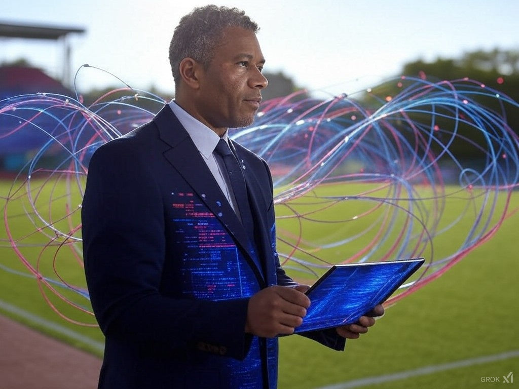 Analityk sportowy wykorzystujący sztuczną inteligencję do analizy danych na tablecie na stadionie, rewolucjonizuje zakłady bukmacherskie.