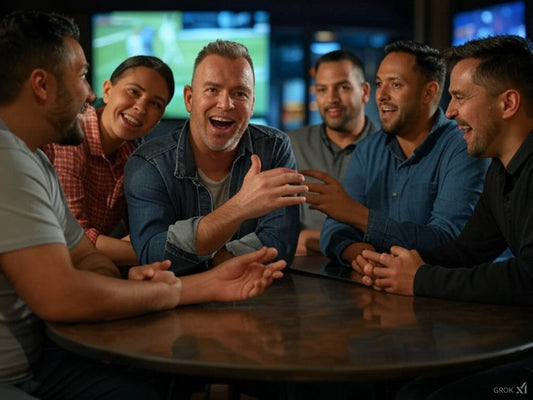 Group of friends excitedly discussing AI sports betting predictions at bar.