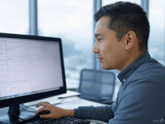 Amazon seller analyzing sales data using AI tools on a desktop screen.