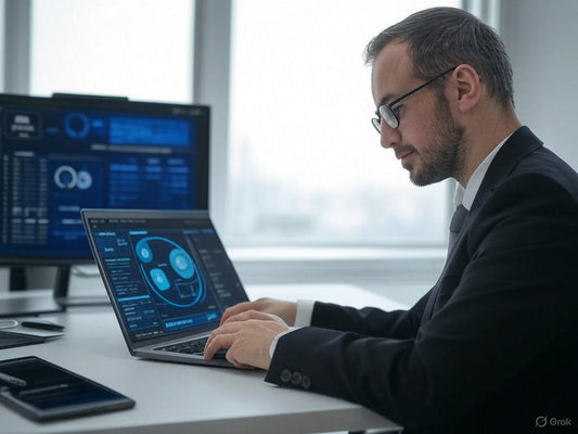 Business professional using AI tools on laptop for B2B marketing analysis.