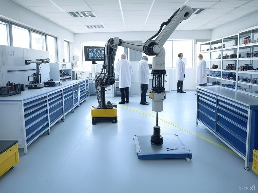 Заманауи бизнес-зертханада жұмыс істейтін жетілдірілген AI-мен жұмыс істейтін роботтық қол.