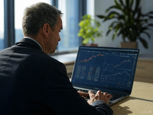 Business analyst using AI tools on laptop to analyze financial data charts.