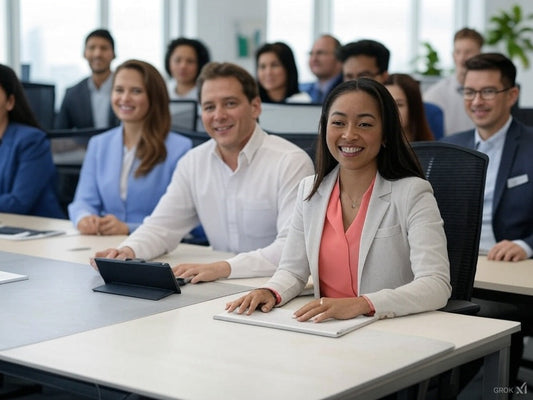 Professionals learning AI tools for customer success in a business seminar.