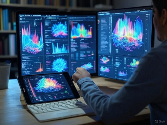 AI tools displaying vibrant 3D data visualizations on multiple screens.