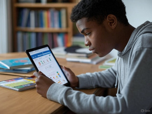 Teen using AI language learning app on tablet at home desk.