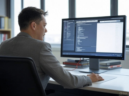 Business professional using AI lead generation software on desktop computer.