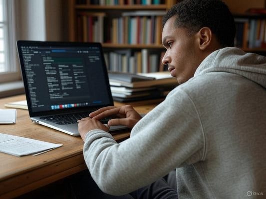 Researcher using AI tools on laptop for literature review in library.
