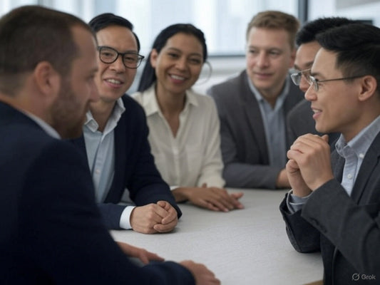 Business team discussing AI tools for market research in a meeting.