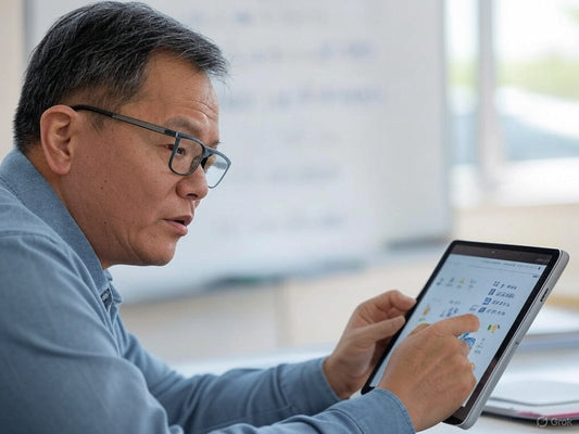 Math teacher using AI tool on tablet for interactive problem solving
