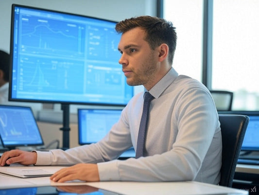 Focused product manager using AI tools on multiple data dashboards.