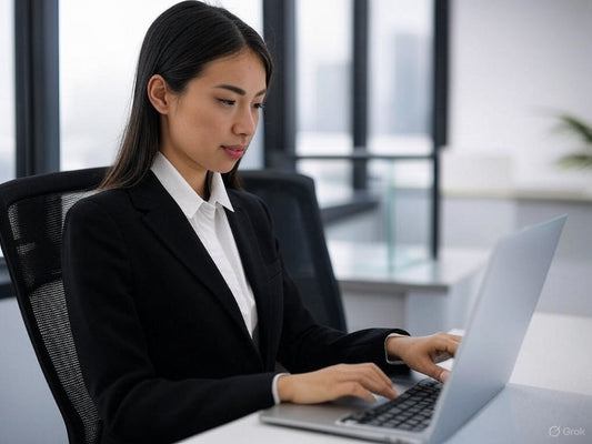Professional woman using AI tools for public relations on laptop.