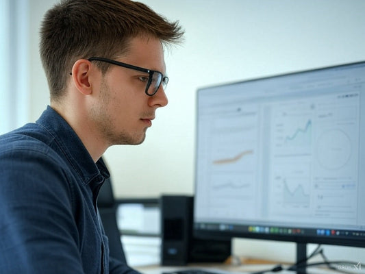 Focused man analyzing SEO data on screen using AI-powered tools.