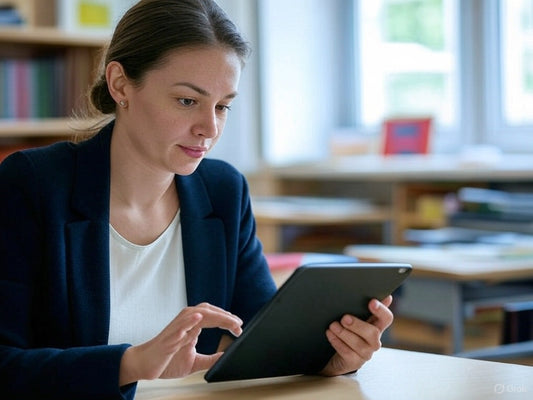 Focused teacher using tablet with free AI tools in classroom setting