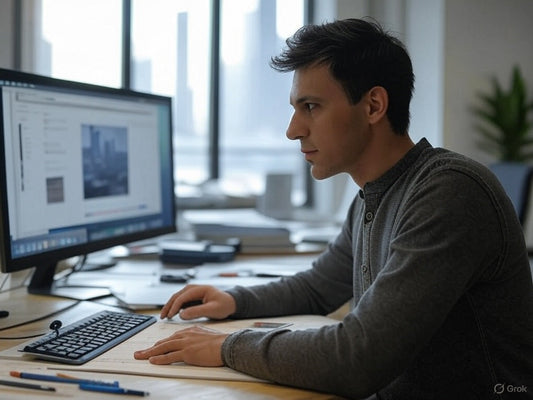 Focused web designer using AI tools on desktop in modern office.