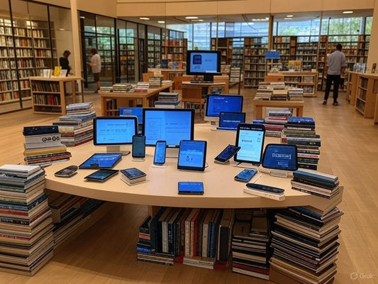 Ultimate AI Tools Library displayed on devices in a modern bookstore setting.