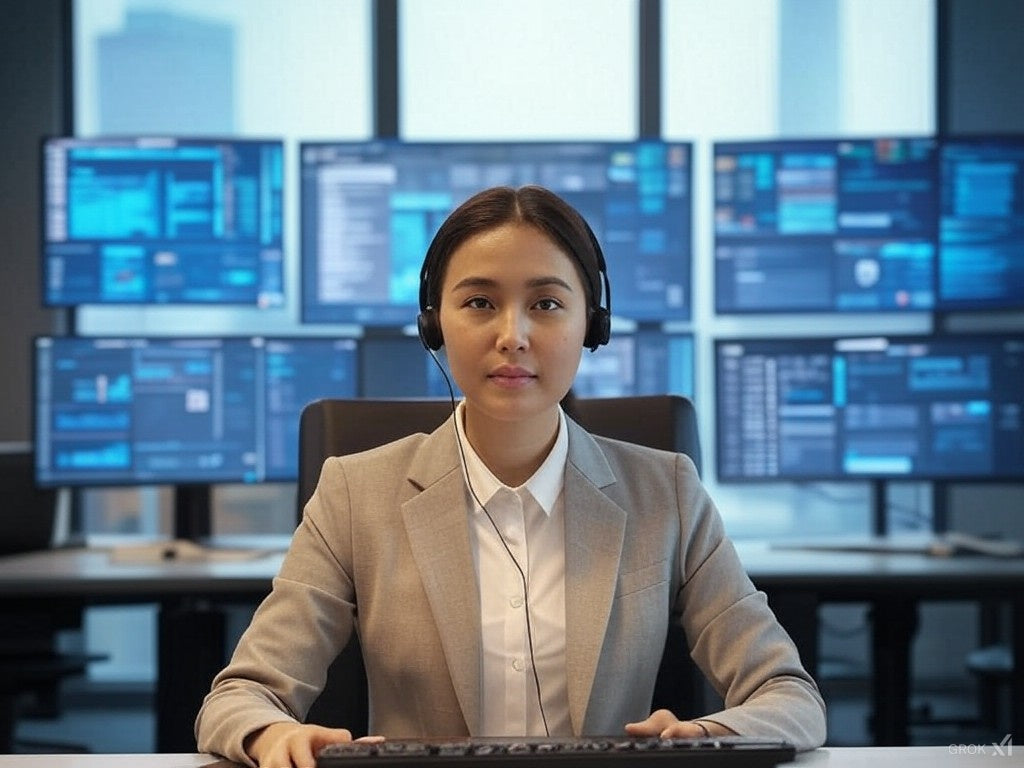 AI байланыс орталығындағы кәсіби әйел, артында бірнеше деректер экраны бар.