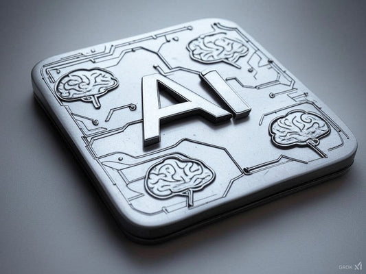 Futuristic AI icon with brain circuits and metallic design elements.