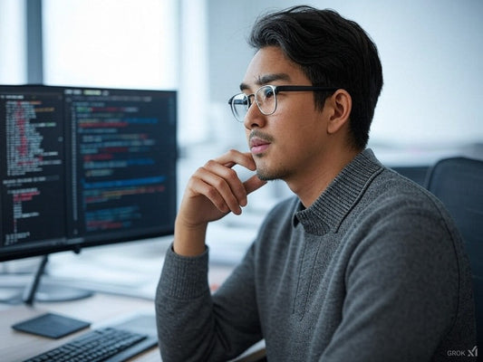 AI engineer analyzing code on dual monitors in modern office setting.