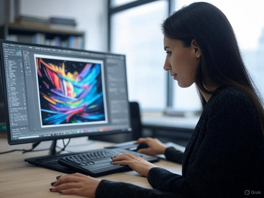 Designer using AI graphic design software to create vibrant digital art