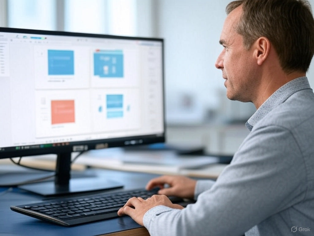 Profesjonalista wykorzystujący narzędzia AI do ulepszania slajdów prezentacji PowerPoint.