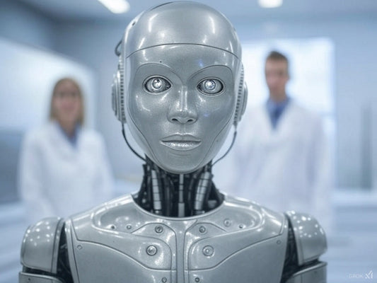 Futuristic AI robot in lab setting with scientists in background.