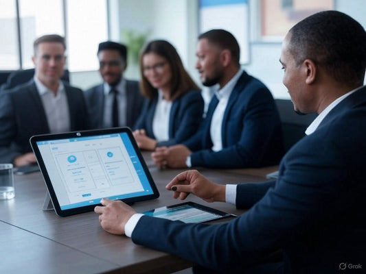 Business team using AI sales prospecting tool on tablet in meeting.