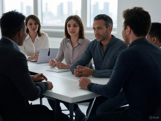 Startup team discussing AI tools to boost growth and efficiency.