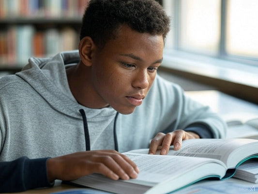 Focused student reading a textbook in a library setting.