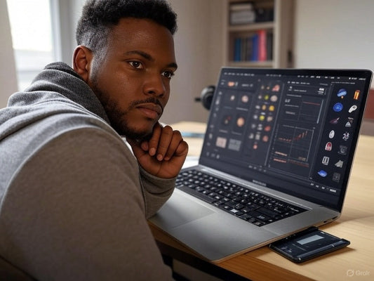 Focused YouTube creator using AI tools on a laptop for content creation.