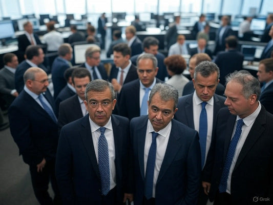 This image shows a crowded trading floor or financial office filled with men in business suits, many of whom appear to be engaged in serious discussions or observing market data on computer monitors.